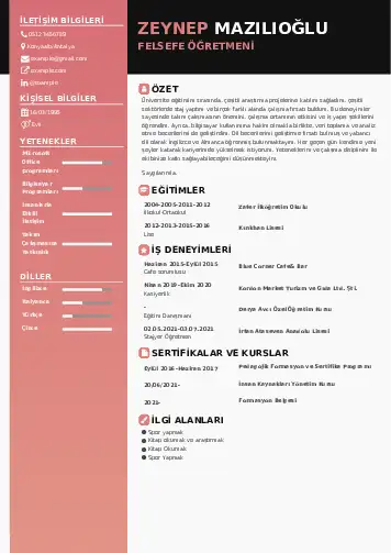 Felsefe Öğretmeni CV Örnekleri cv indir